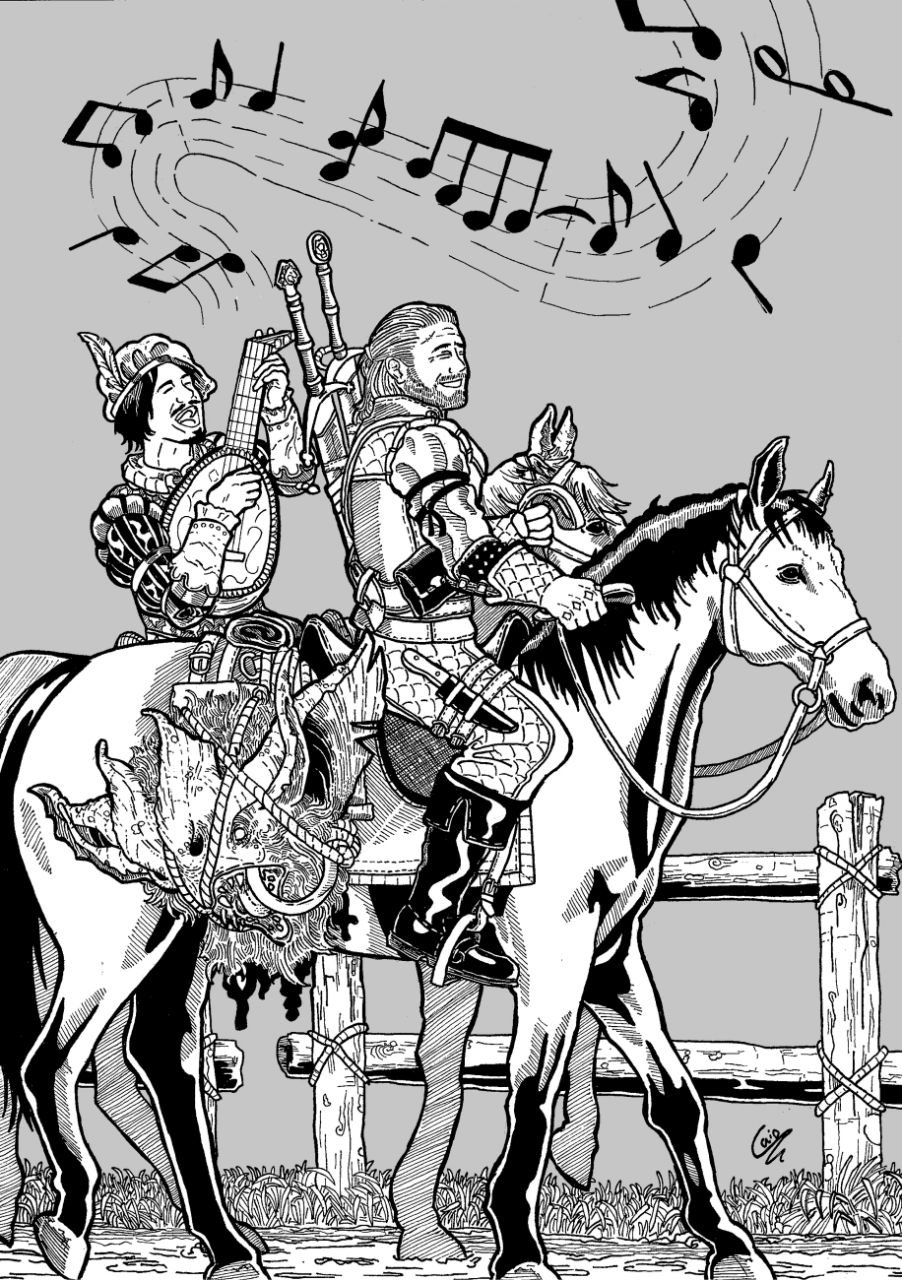 Desenho de The Witcher, nele Geralt e Jaskier estão andando de cavalo em direção à direita da folha. Os cavalos estão desenhados de lado. Montado no cavalo a frente está Geralt, com uma expressão sorridente, carregando duas espadas nas costas e segurando na mão direita as rédeas da sua égua Plotka e na mão esquerda as rédeas do cavalo de Jaskier. Pendurado em Plotka também está a cabeça decapitada de uma criatura monstruosa com traços de morcego. Jaskier, está com suas duas mãos ocupadas tocando um alaúde e cantando a plenos pulmões. De seu instrumento saem claves que formam uma partitura na parte superior do desenho. O desenho é todo em preto e branco com sombras duras, rachuras e o fundo do cenário é cinza.