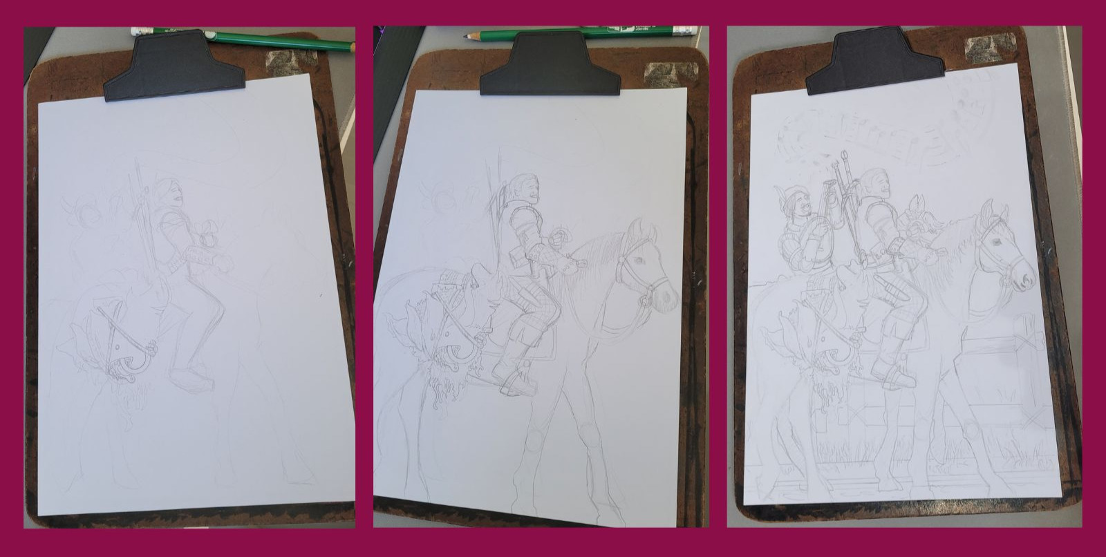 Três fotos agrupadas mostrando o processo de desenho à lápis. Na primeira foto há o esboço da ilustração com traço bem fraco e nas outras duas fotos começam a aparecer mais detalhes e o desenho tomando forma.