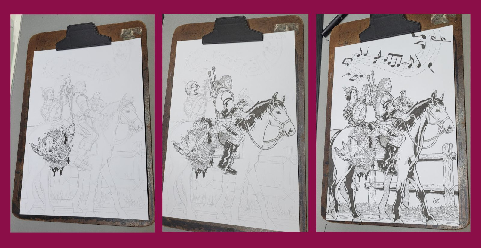 Três fotos agrupadas mostrando o processo de finalização com nanquim. Em cada uma delas há mais partes finalizadas com nanquim e na última o desenho está totalmente finalizado com o nanquim por cima de todas as partes que estavam à lápis.