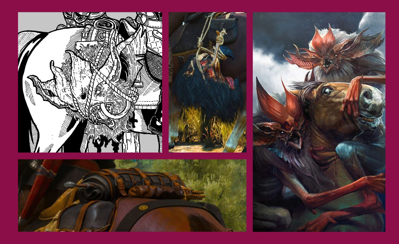 Mosaico de imagens contendo a parte do meu desenho que mostra a cabeça da Ekimmara ao lado das referências: uma captura de tela do jogo The Witcher 3 mostrando uma cabeça de Grifo, outra mostrando equipamentos de Geralt como uma pequena espada enrolada em panos em cima da sela de um cavalo; e uma ilustração de The Witcher mostrando dois monstros Ekimmara atacando um cavalo.