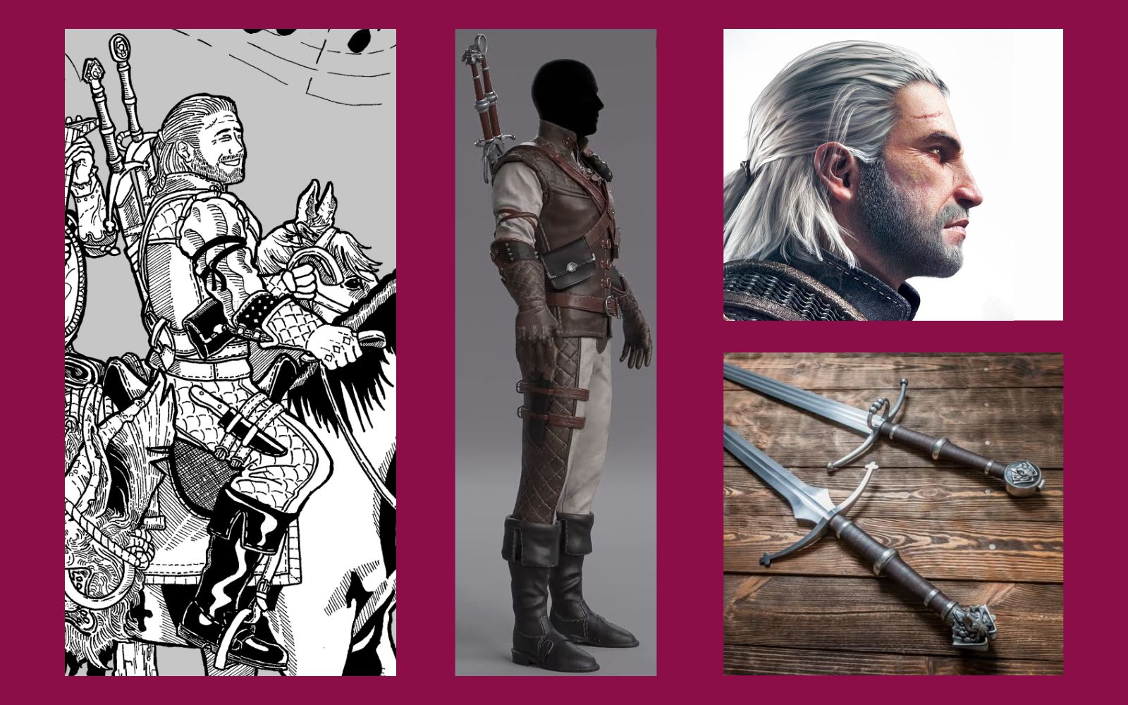Mosaico de imagens contendo a parte do meu desenho que mostra o corpo inteiro de Geralt ao lado das referências: uma captura de um vídeo que modelo em 3D a roupa de The Witcher 3 com a armadura de Mantícora; Uma arte do jogo com a cabeça de Geralt de perfil e uma foto com duas espadas do mesmo conjunto da vestimenta escolhida.