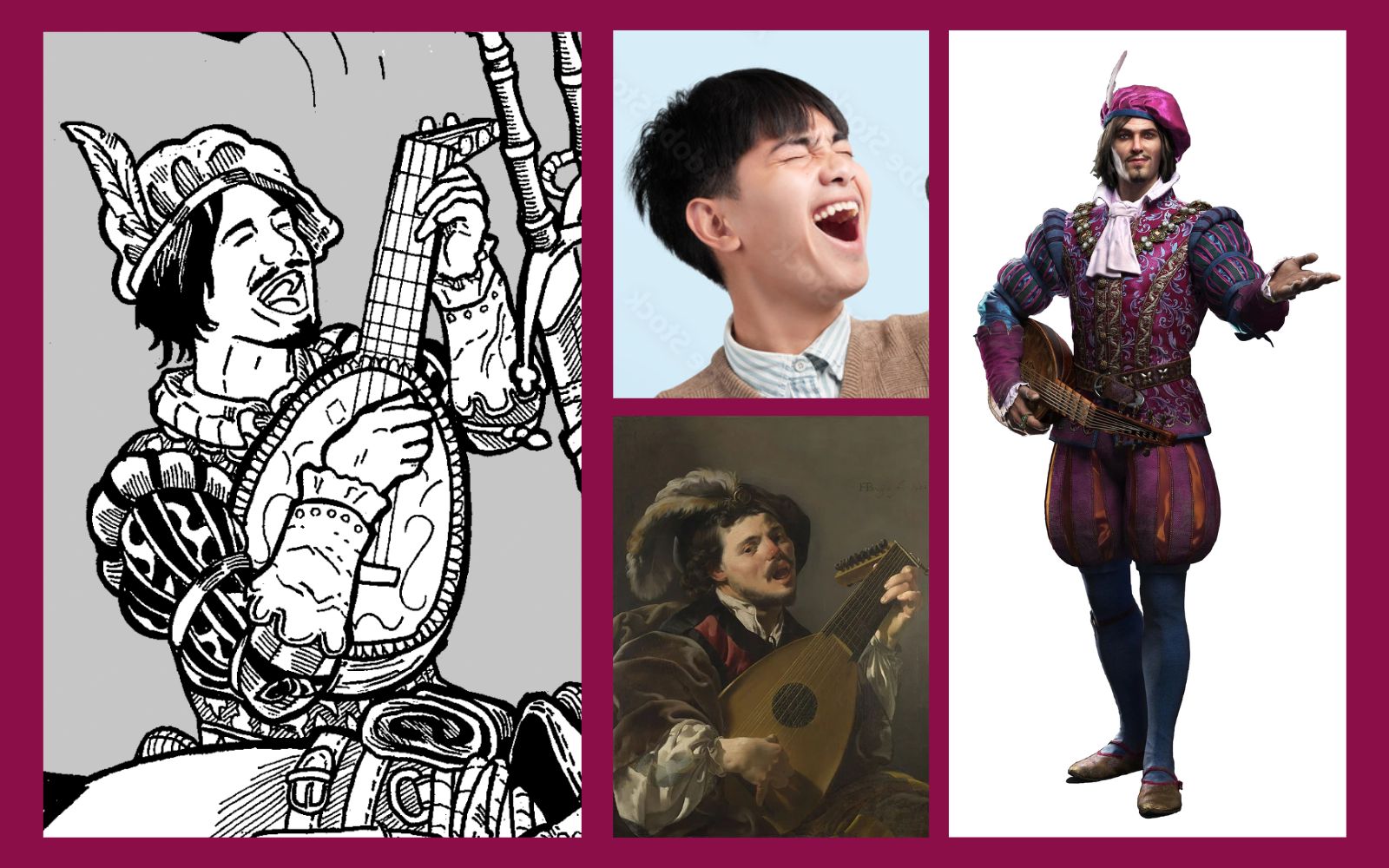 Mosaico de imagens contendo a parte do meu desenho que mostra Jaskier tocando um alaúde ao lado das referências: uma foto de um homem cantando; a pintura 