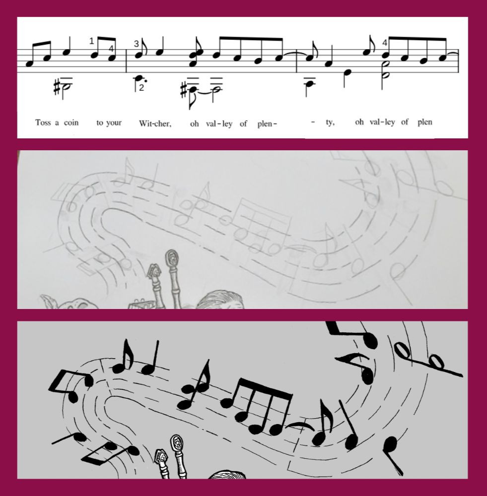 Mosaico de imagens contendo a parte do meu desenho que mostra as claves musicais a lápis, depois finalizadas e também a partitura que usei como referência com o trecho da música 